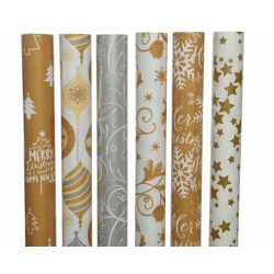 Zes rollen in gouden en zilveren kerstpapier met verschillende patronen en decoraties.