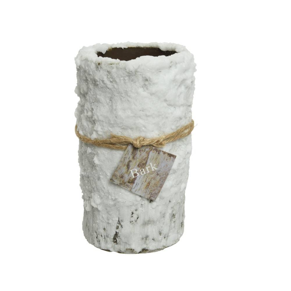 A textured white vase resembling tree bark, tied with twine and a small tag.