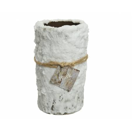 A textured white vase resembling tree bark, tied with twine and a small tag.