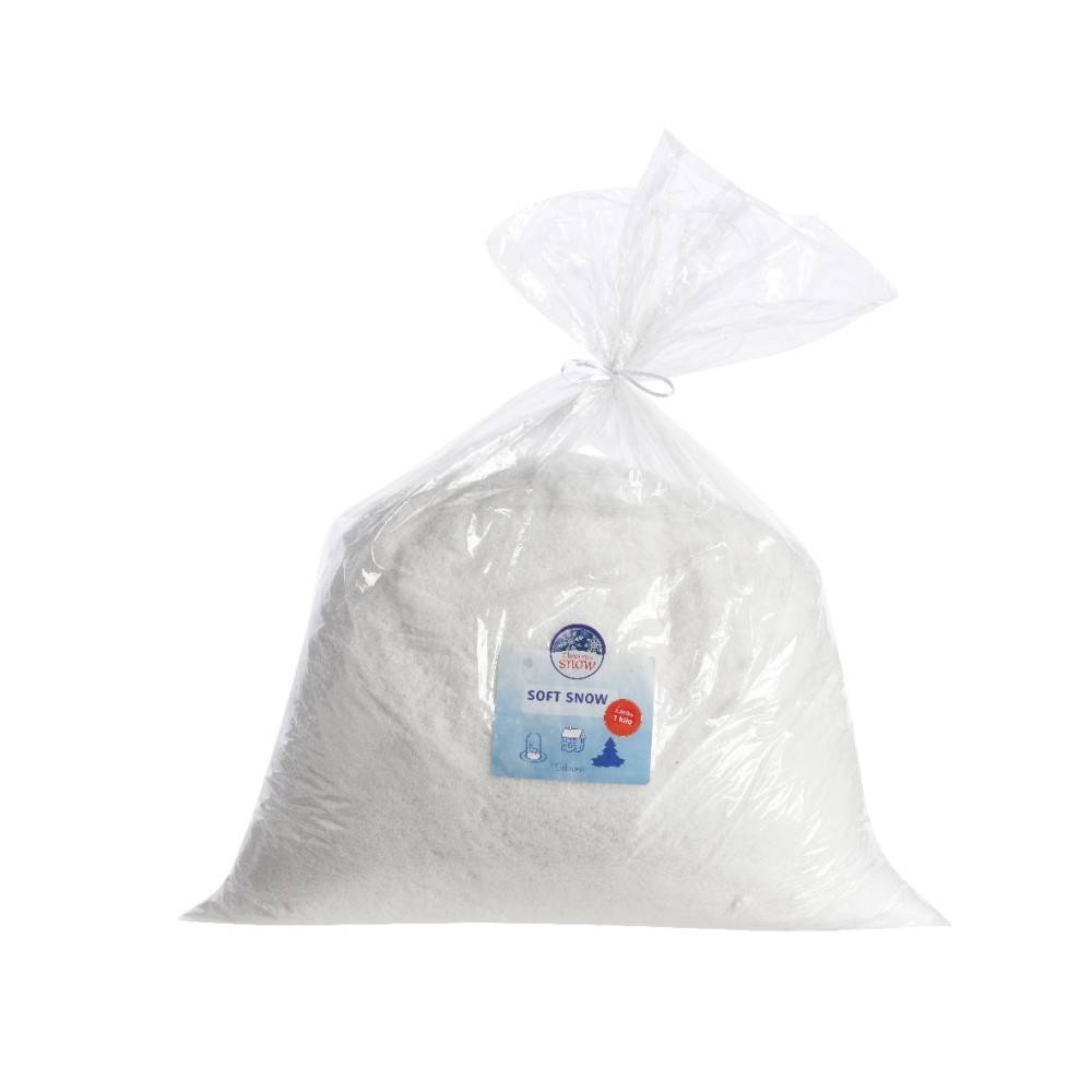 A clear plastic bag filled with fluffy, white synthetic snow.