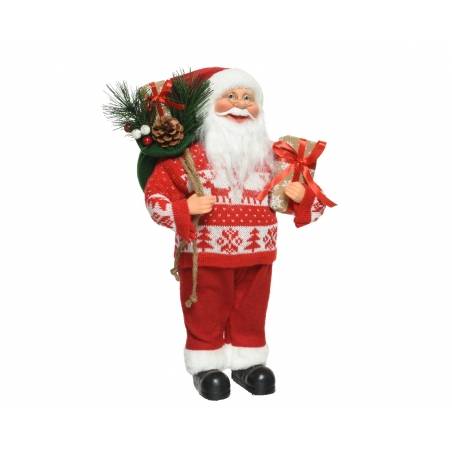 A cheerful Santa in a red sweater, holding gifts and a backpack adorned with pine.