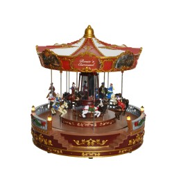 A colorful carousel with ornate details, featuring whimsical horses and festive decorations.