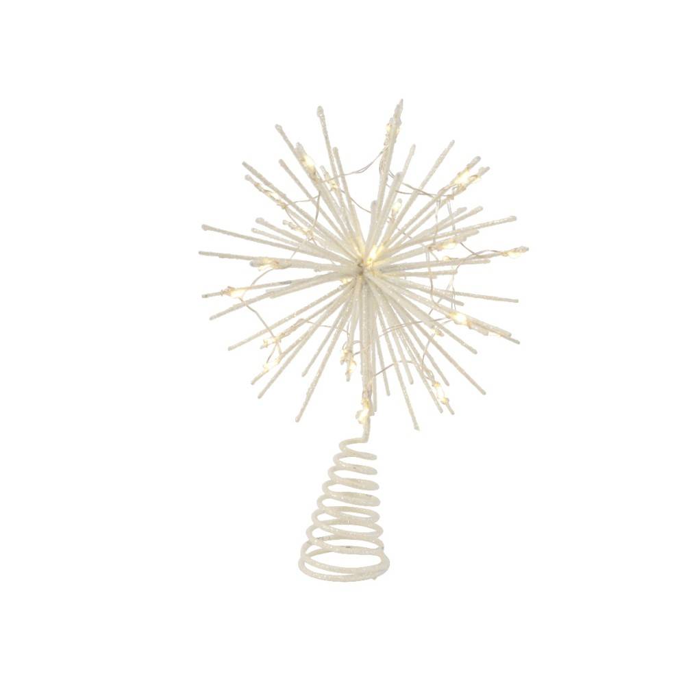 A sparkling, starburst sculpture with delicate, lighted strands on a coiled base.