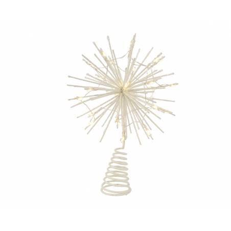 Een sprankelende, witte stervorm met dunne stralen en lichtjes, op een spiraalvormige basis.