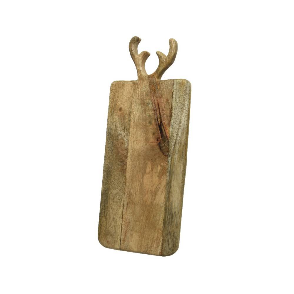 Een houten snijplank met een handvat in de vorm van takken, rustiek en natuurlijk.