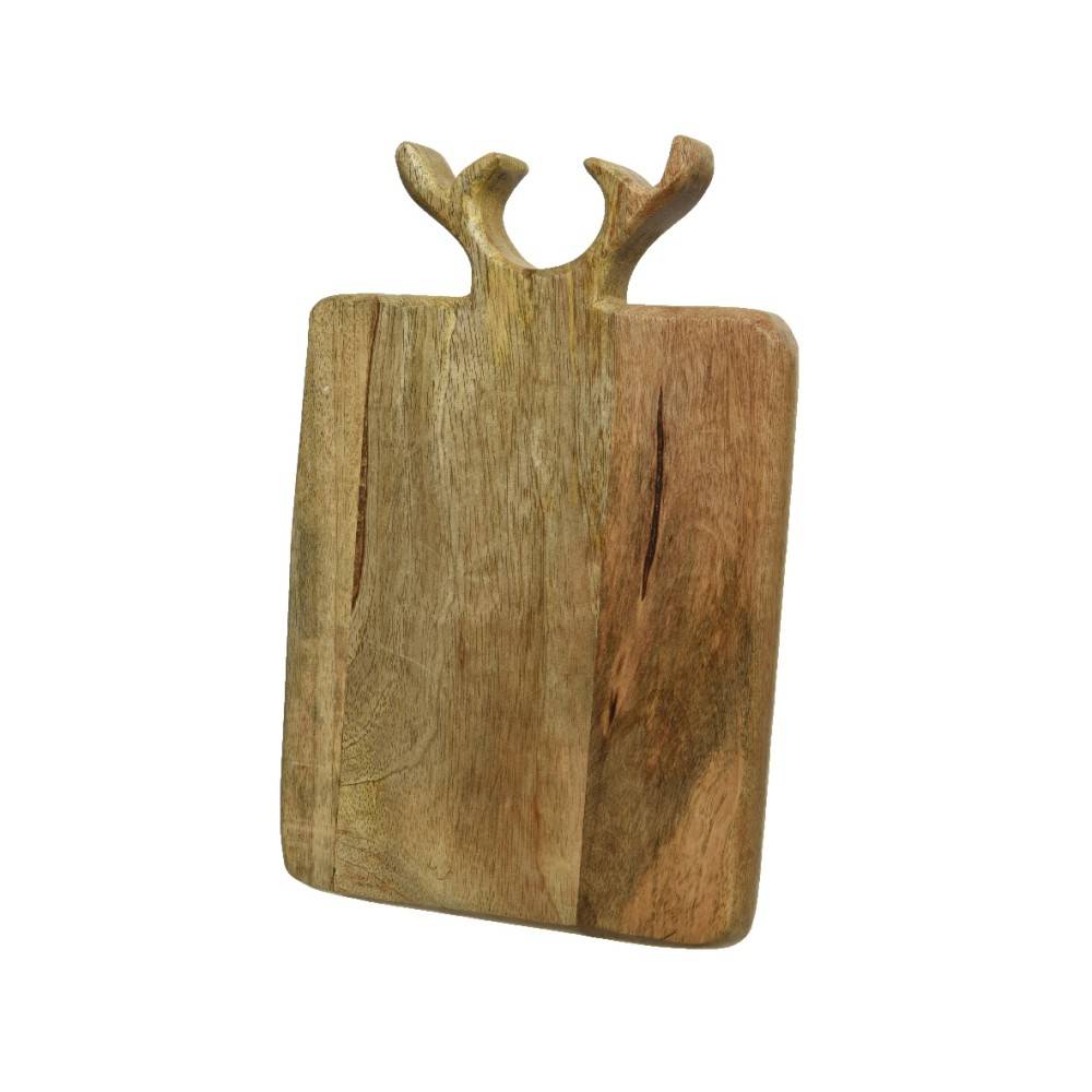 A rustic wooden cutting board with antler-shaped handles.