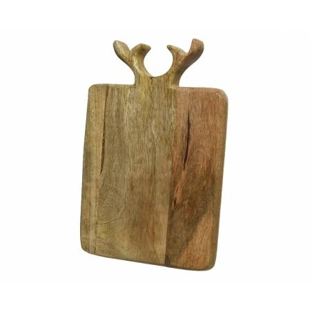 A rustic wooden cutting board with antler-shaped handles.