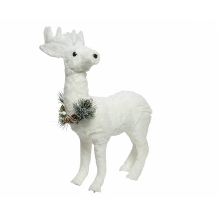 A white plush reindeer with a festive wreath around its neck.