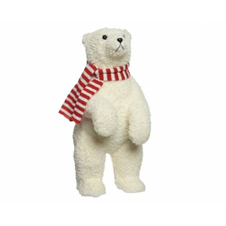 Schattige witte teddybeer met een rood-wit gestreepte sjaal, staand en knuffelbaar.