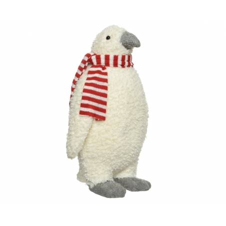 Een schattige, pluizige pinguïn met een rood-wit gestreepte sjaal.