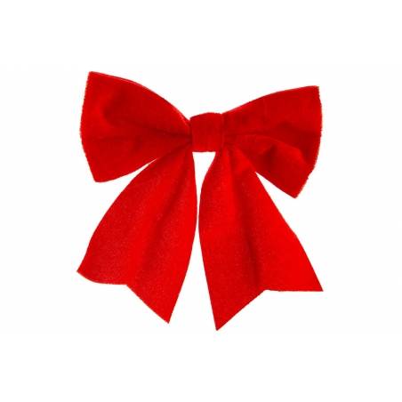 A vibrant red fabric bow with soft edges and two flowing tails.