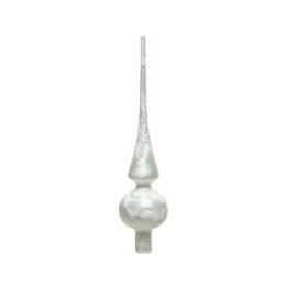 Strakke, moderne sculptuur in wit en zilver, met een bolvormige basis en scherpe punt.