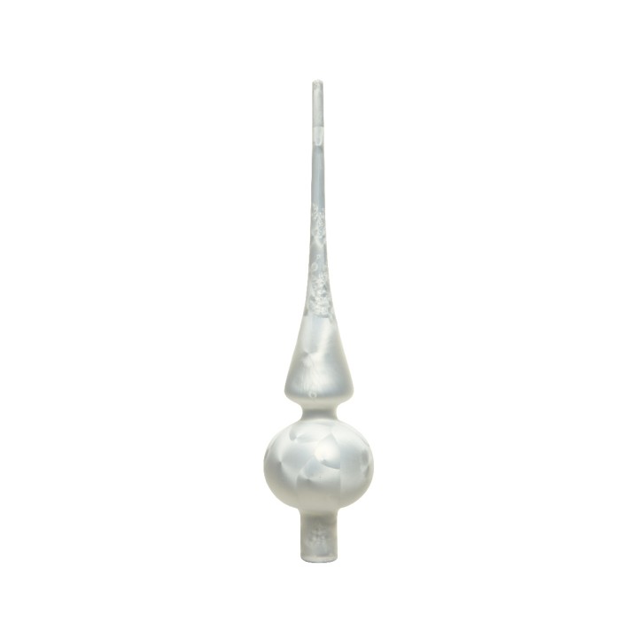 Strakke, moderne sculptuur in wit en zilver, met een bolvormige basis en scherpe punt.