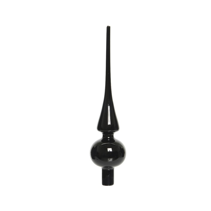 Een elegant zwart object met een bolle onderkant en een lange, spitse top.