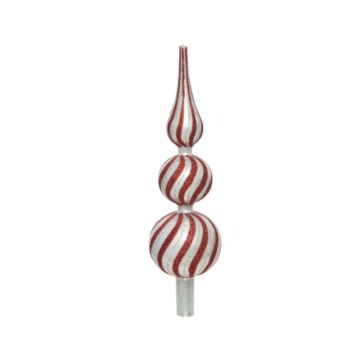 Een decoratieve kerstboomtopper met drie gestapelde, glanzende bollen in rood en wit.