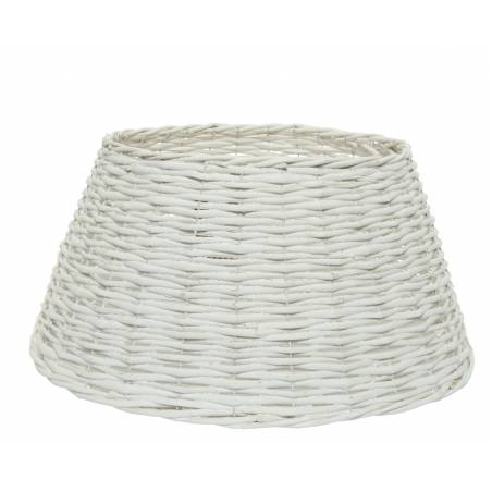 A wide, conical white wicker basket with a textured, woven surface.