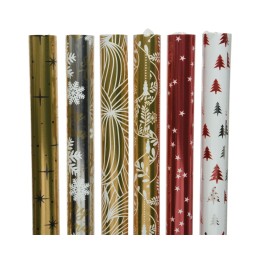 A collection of festive wrapping papers in gold, red, and white with various holiday patterns.