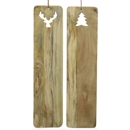 Twee houten panelen met uitsneden van een hert en een kerstboom, in een neutrale, natuurlijke tint.