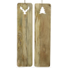 Two rustic wooden plaques, one with a moose silhouette and the other with a tree shape cutout.