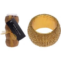 A shimmering gold beaded decorative piece with a textured, round shape.