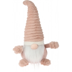 A soft, plush gnome with a tall, ribbed hat and a fluffy beard, in gentle pastel tones.
