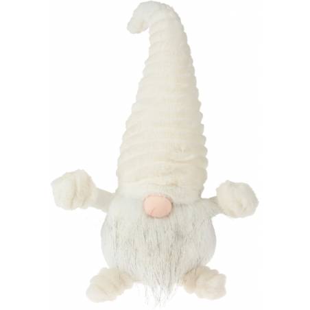 A whimsical, fluffy white gnome with a tall, pointed hat and a round nose.