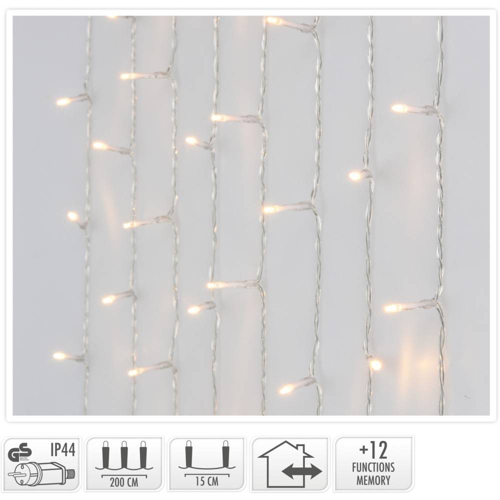 A curtain of warm white fairy lights hanging on a light background.