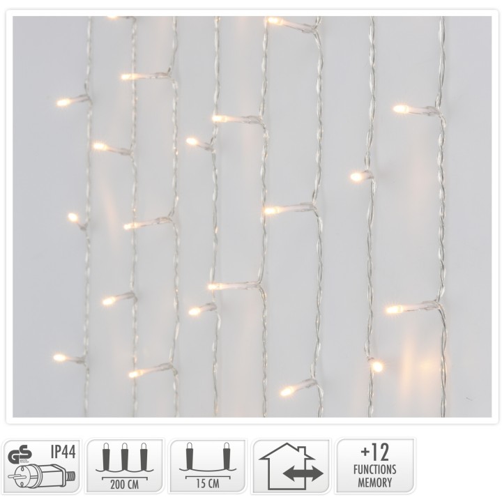 Een wand met glinsterende, witte kerstverlichting in een strakke, moderne stijl.