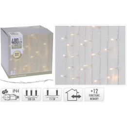 Lichtjesgordijn met 480 warme witte LED-lampjes op een zilveren draad, 200 cm lang.