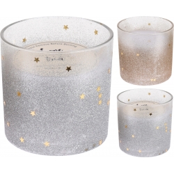Three shimmering glass candle holders with gold star patterns and a gradient from silver to rose.