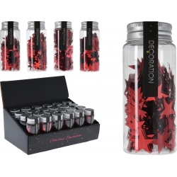 A collection of clear jars filled with red star-shaped confetti, displayed in a sleek black box.