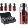 A collection of clear jars filled with red star-shaped confetti, displayed in a sleek black box.