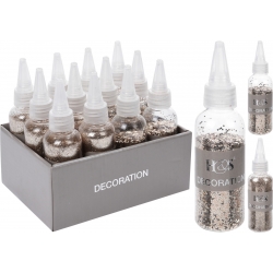 A box of decorative glitter bottles in silver and gold, varying sizes with pointed nozzles.