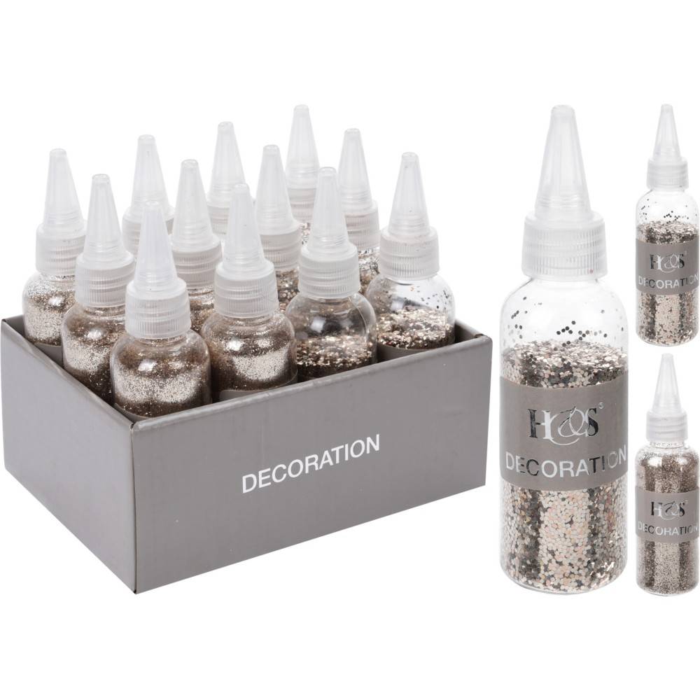 A box of decorative glitter bottles in silver and gold, varying sizes with pointed nozzles.