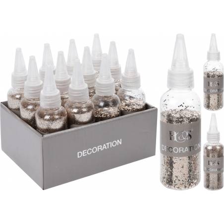 A box of decorative glitter bottles in silver and gold, varying sizes with pointed nozzles.