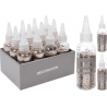 A box of decorative glitter bottles in silver and gold, varying sizes with pointed nozzles.