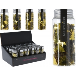 A collection of glittery gold and black star-shaped decorations in clear containers.