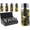 A collection of glittery gold and black star-shaped decorations in clear containers.