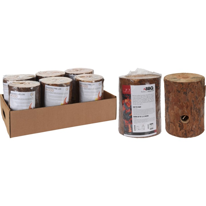 Zes cilinders van hout in een kartonnen doos, perfect voor een barbecue of open vuur.