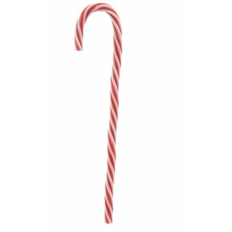 A curved candy cane with red and white stripes, resembling a festive holiday treat.