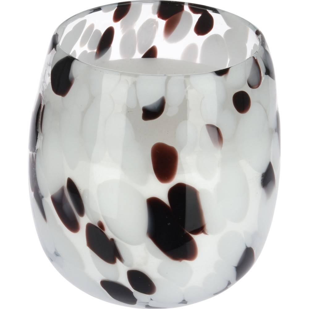 A translucent glass vessel with a speckled pattern of black and white dots.