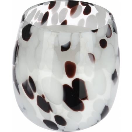 A translucent glass vessel with a speckled pattern of black and white dots.