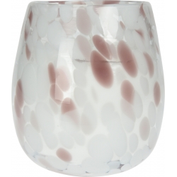A smooth glass vase with a glossy finish, featuring white and soft pink speckled patterns.