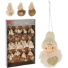 Three cute, plush ornaments with hats and hearts, arranged in a festive display.