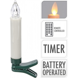 A white, battery-operated candle with a clip, featuring a flickering flame design.
