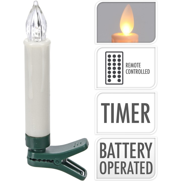 Een witte kaars met een groene klem, LED-vlam en afstandsbediening, op batterij.