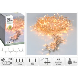 Warme witte LED-lampjes op een flexibele draad, met een verpakking en diverse functie-instellingen.