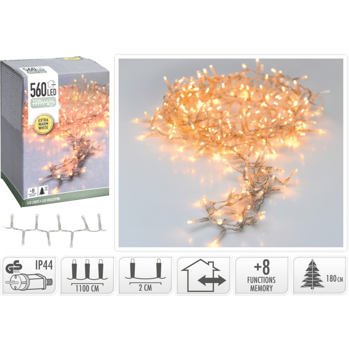 Warme witte LED-lampjes op een flexibele draad, met een verpakking en diverse functie-instellingen.