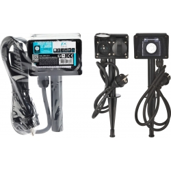 A compact, dark device with a power cord and a spike for outdoor installation.