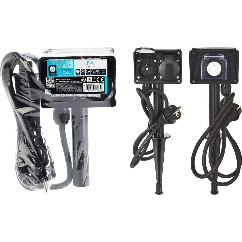 A compact, dark device with a power cord and a spike for outdoor installation.